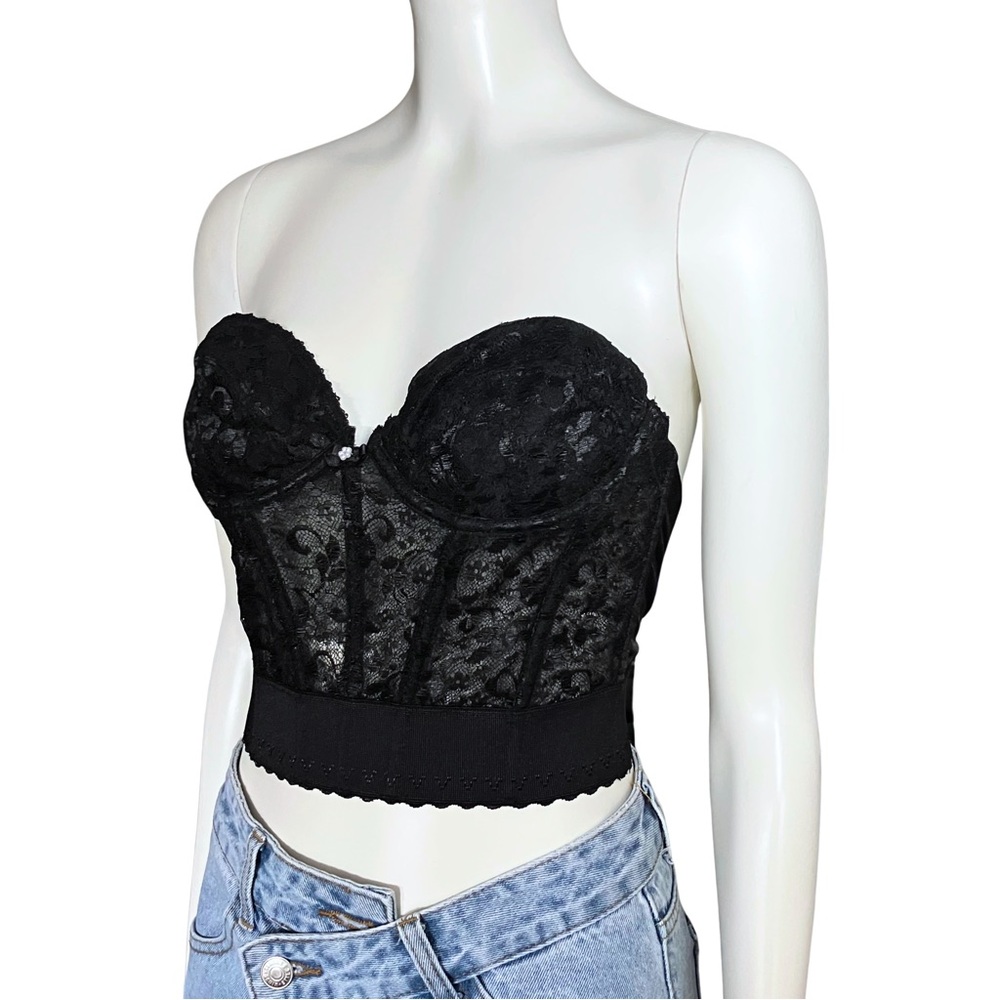 Vintage 80s Black Lace Lingerie Corset Bustier XS 34B Whimsigoth Gothic Coquette - Picture 2 of 8